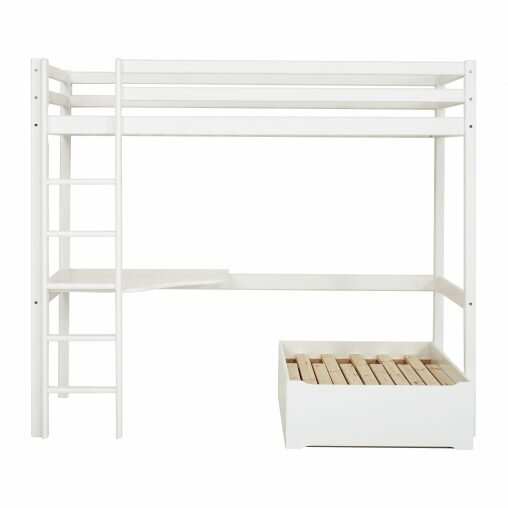 bed, hoekbureau, lounge en kussens zwart