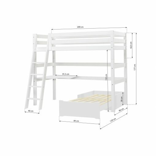 Hoppekids Premium hoogslaper 90x200 schuine trap met lounge wit