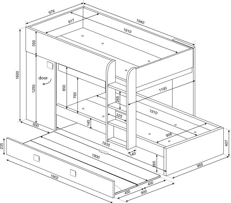 Trasman Mineo stapelbed met bedlade 90x190 blauw