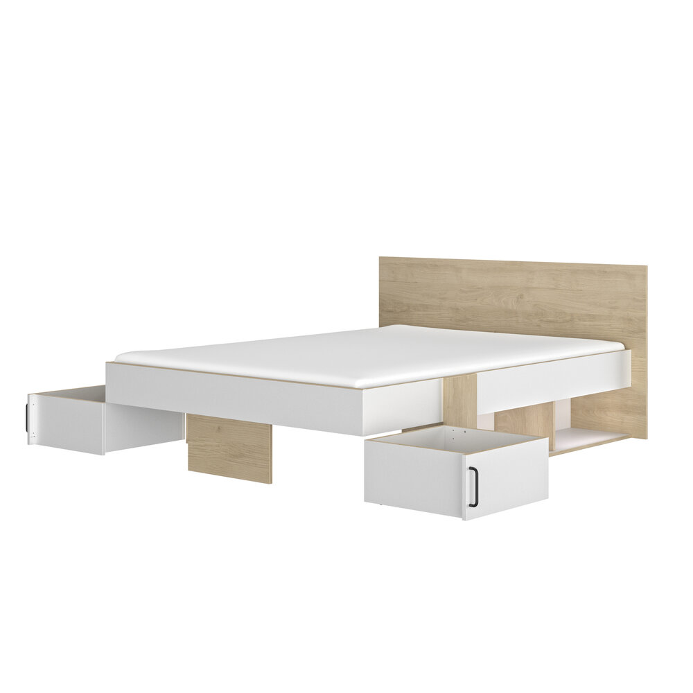 Swivel twijfelaar bed met vakken en lade 140x190 eiken naturel / wit look