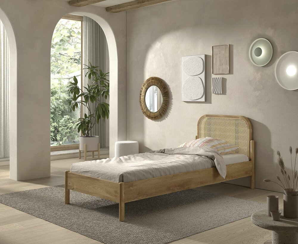 Olive 1-persoonsbed massief eiken rotan 