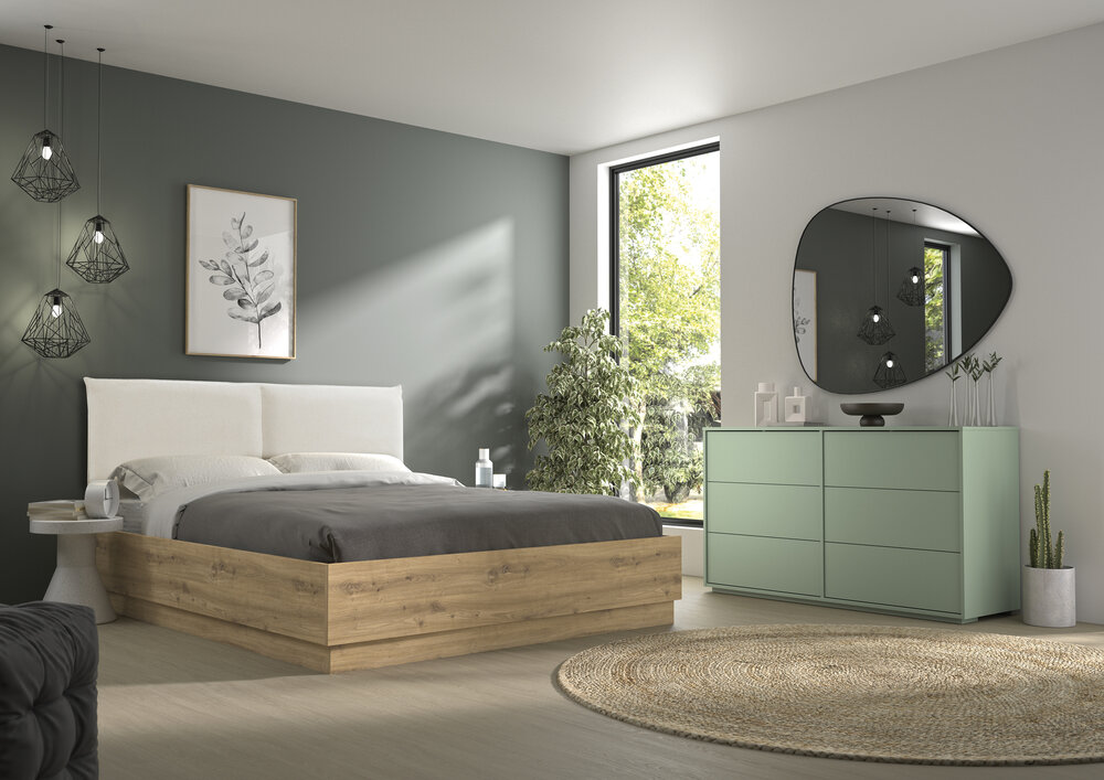 Tidy twijfelaar opberg bed met stoffen hoofdbord 140x190 eiken 