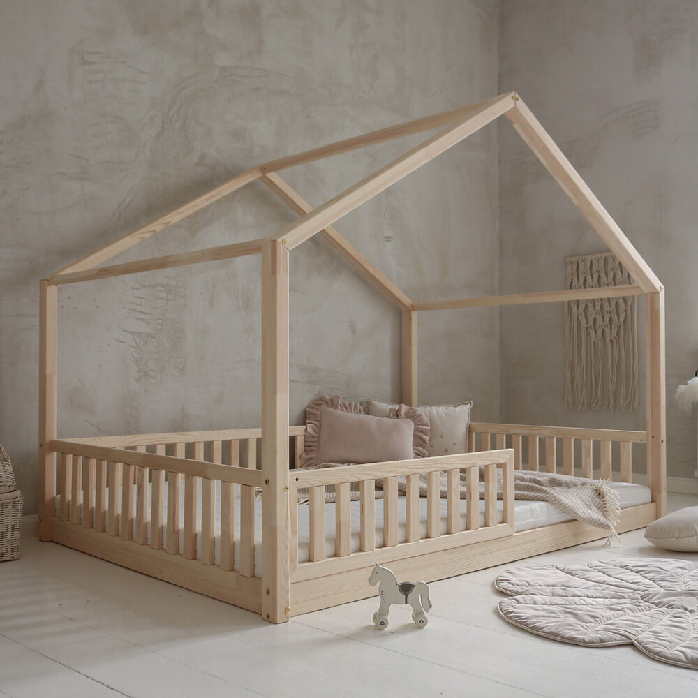 Basic duo bed huis 140x200 onbehandeld hout