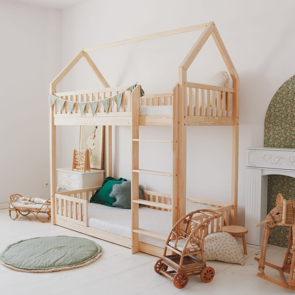 Bianco Montessori huis stapelbed 90x190 onbehandeld hout