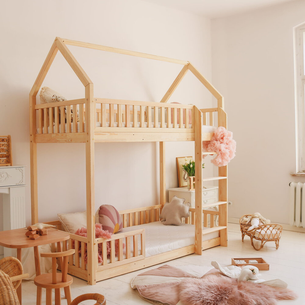 Bianco Montessori huis stapelbed 90x190 onbehandeld hout