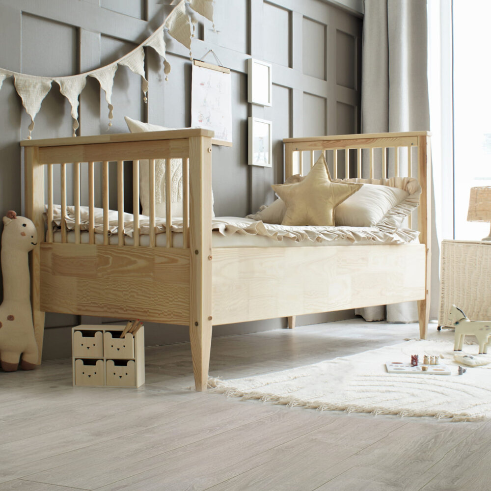 Boho classic bed 90x200 ronde spijl met lade onbehandeld hout
