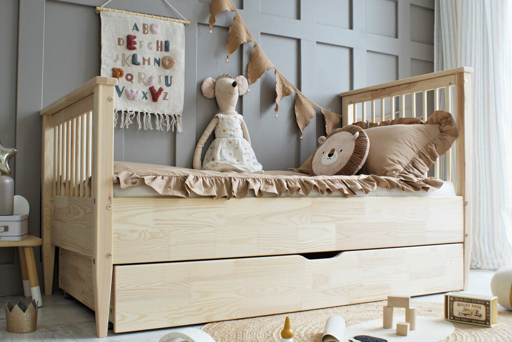 Boho classic ronde spijl 90x200 met lade massief grenen