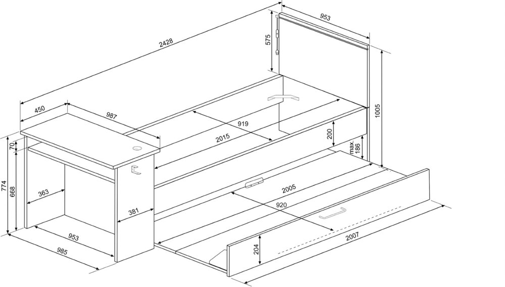 Trasman Gangi game bed 90x200 met bedlade bureau en led antra 