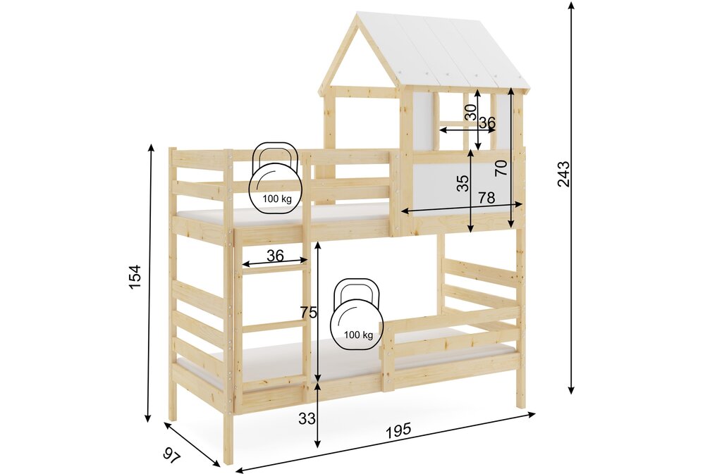 Erchie huis stapelbed 90x190 massief grenen naturel 