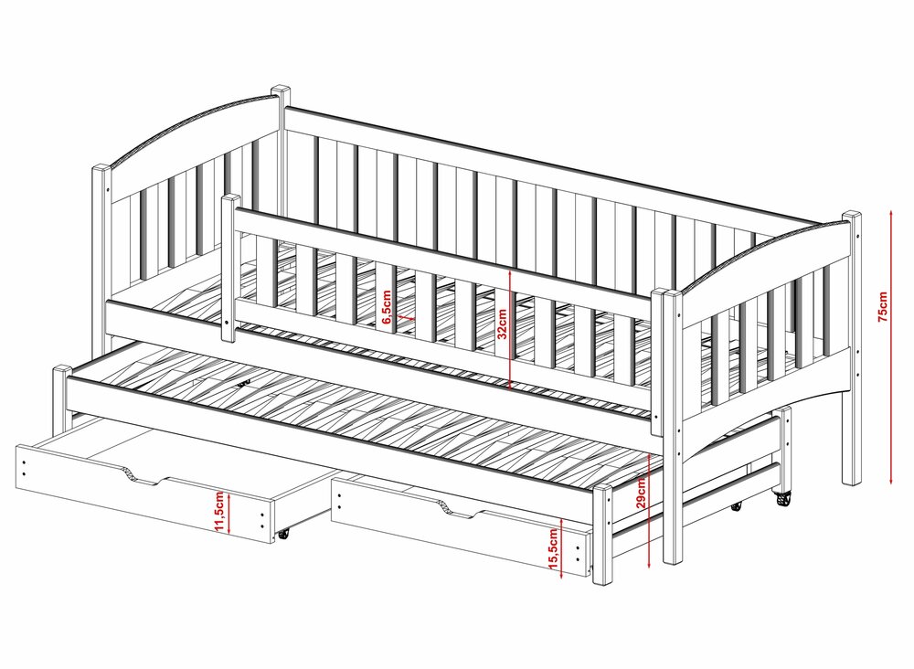 Amateo bedbank met logeerlade en opberglade massief grenen 90x200 wit