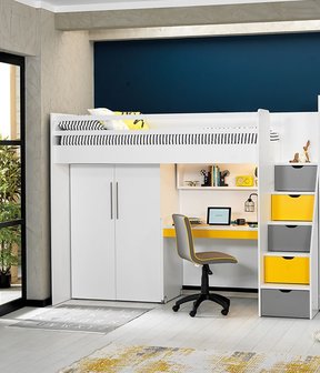 Maken deze Monarch Neo hoogslaper met bureau en kledingkast 90x200 wit - geel -  Kinderbeddenstore