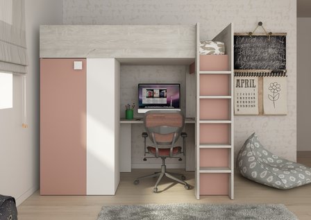 . Peer Onbevreesd Trasman studio hoogslaper 90x200 kast en bureau cascina oud roze -  Kinderbeddenstore