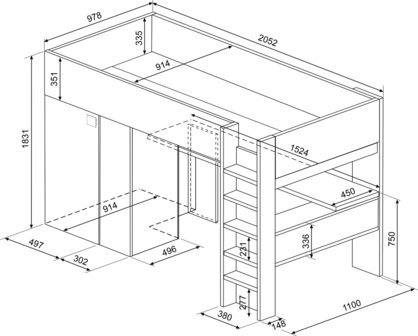 Trasman Studio hoogslaper met bureau 90x200 wit