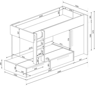 Trasman Jules stapelbed met lades 90x200 wit antraciet