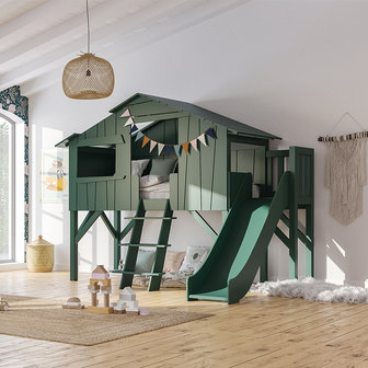 Fruitig onduidelijk Integratie Mathy by Bols halfhoog boomhut bed met platform en glijbaan cement grijs -  Kinderbeddenstore