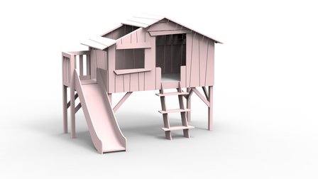 Mathy by Bols halfhoog boomhut bed met platform en glijbaan poeder roze