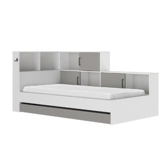 Beddyfurn Corner bed met vakken kastjes 90x200 wit - grijs 