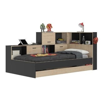Beddyfurn Corner bed met vakken kastjes 90x200 eiken - zwart look