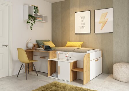 Trasman Forli compact bed 90x200 met bureau en kast wit- eiken 