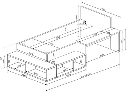 Trasman Cesaro compact bed 90x200 met bureau en kast roze- eiken 