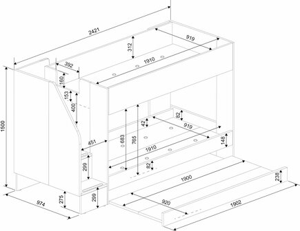 Trasman Easy 90x190 3 persoons stapelbed met zij trap wit -cascina