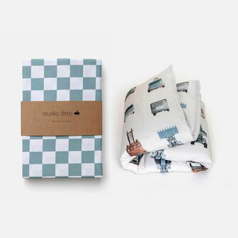 Studio Ditte hoeslaken blokjes steenblauw 90x200