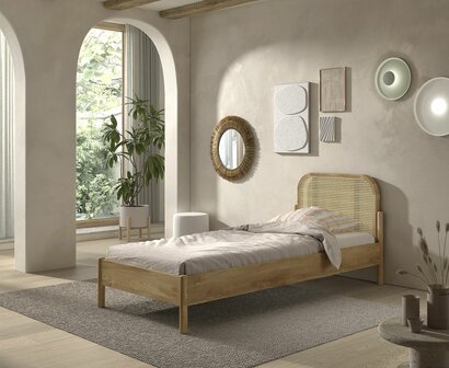 Olive 1-persoonsbed massief eiken rotan 