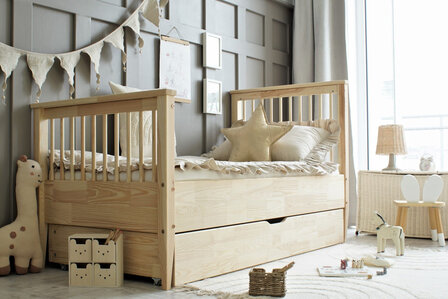 Boho classic bed 90x200 ronde spijl met lade onbehandeld hout