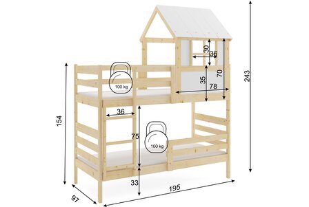 Erchie huis stapelbed 90x190 massief grenen naturel 