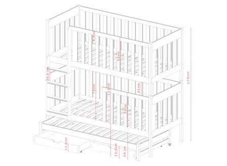 Emilio 3 persoons stapelbed met logeerlade massief grenen 90x200 olive