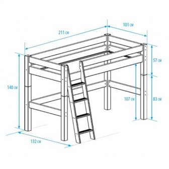 Nova middelhoogslaper 90x200 schuine trap deelbaar grenen wit