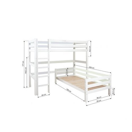 Hoppekids Premium hoek stapelbed 90x200 rechte trap grenen wit