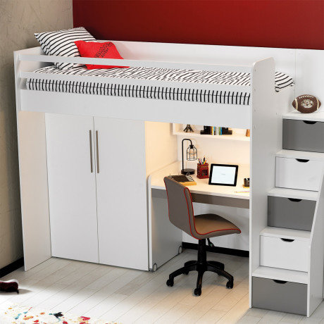 Neo hoogslaper met bureau kledingkast 90x200 wit - grijs -
