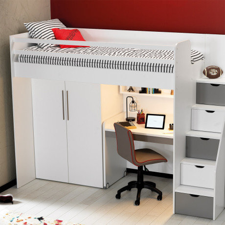 Op de grond Stiptheid Nacht Neo hoogslaper met bureau en kledingkast 90x200 wit - grijs - Kinderbeddenstore Op de grond Stiptheid Nacht Neo hoogslaper met bureau en kledingkast 90x200 wit - grijs - Kinderbeddenstore