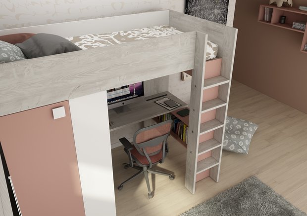 Trasman Studio hoogslaper met bureau 90x200 wit cascina oud roze