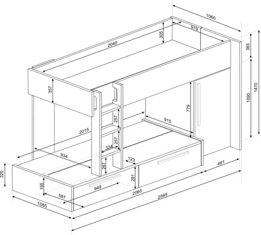 Trasman Jules stapelbed met lades 90x200 wit antraciet