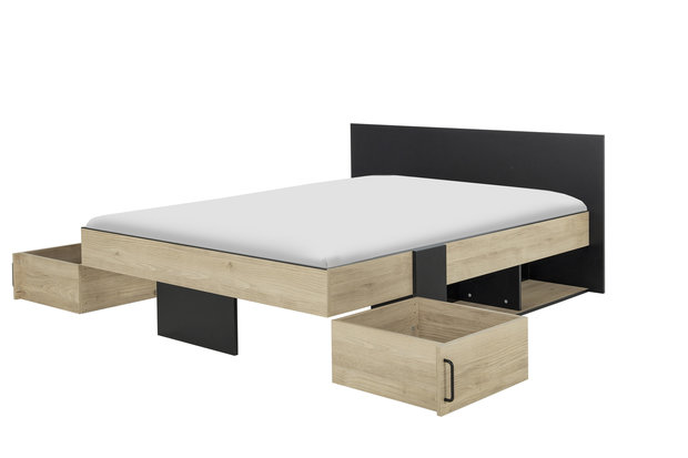 Swivel twijfelaar bed met vakken en lade 160x200 eiken naturel / zwart look