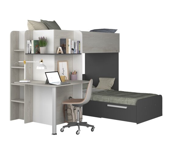 Trasman Osimo hoekstapelbed  90x190 met kast en bureau essen - antra