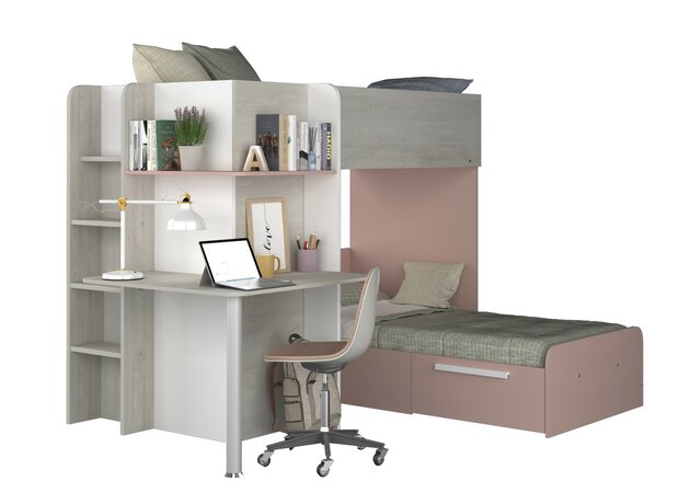 Trasman Osimo hoekstapelbed  90x190 met kast en bureau essen - roze