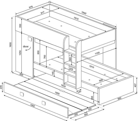 Trasman Mineo stapelbed met bedlade 90x190 wit 