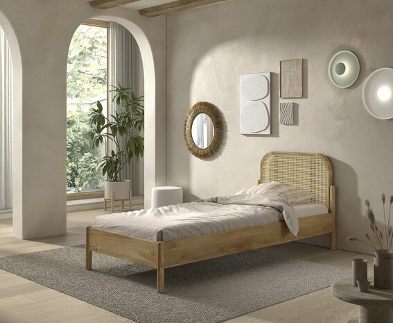 Olive 1-persoonsbed massief eiken rotan 