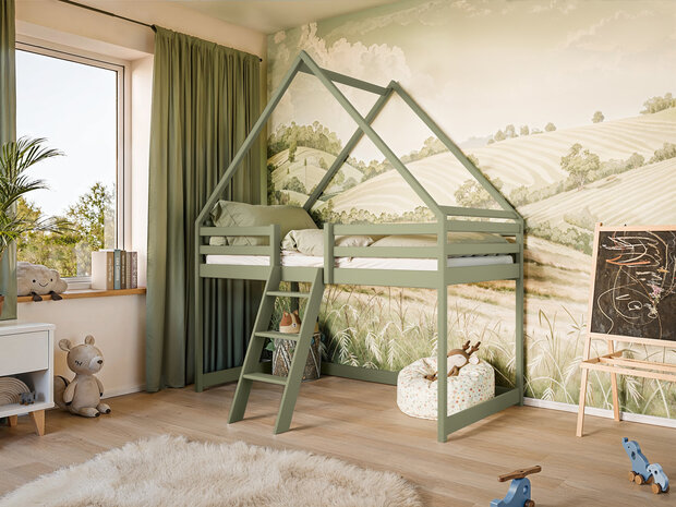 Matino hoogslaper bedhuisje 90x200 olive