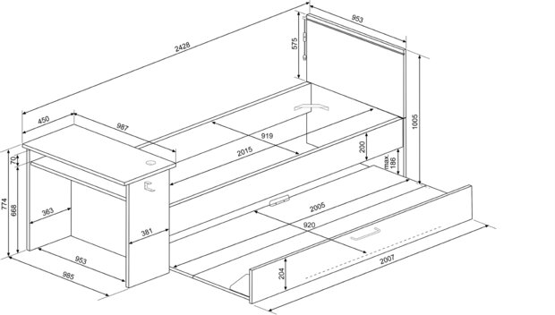 Trasman Gangi game bed 90x200 met bedlade bureau en led antra 