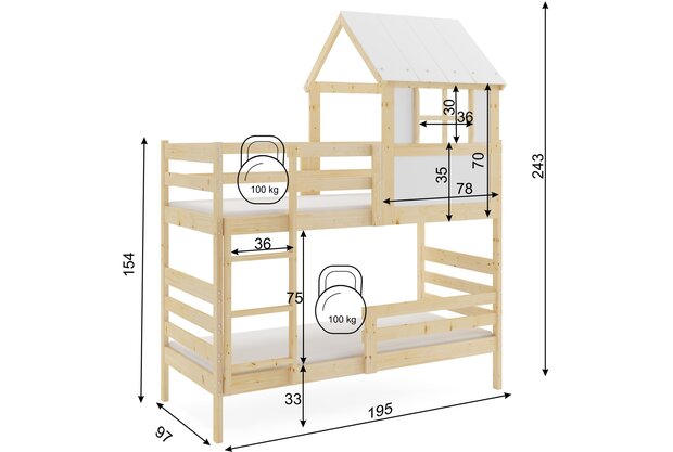 Erchie huis stapelbed 90x190 massief grenen naturel 
