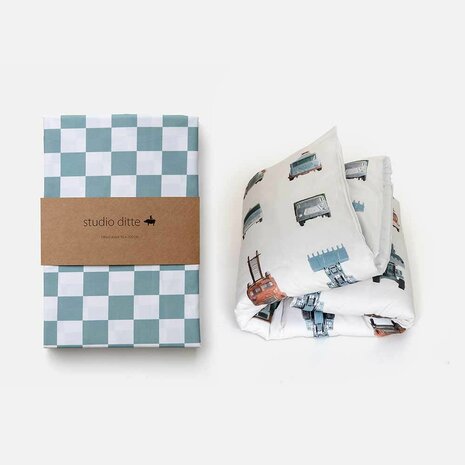 Studio Ditte hoeslaken blokjes steenblauw 140x200