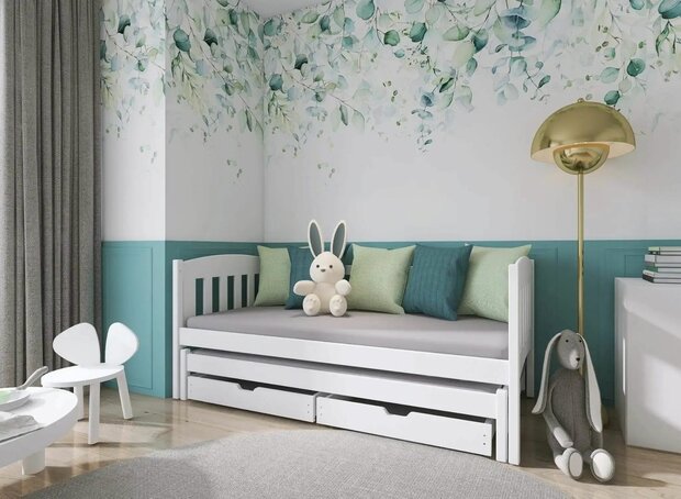 Amateo bedbank met logeerlade en opberglade massief grenen 90x200 wit