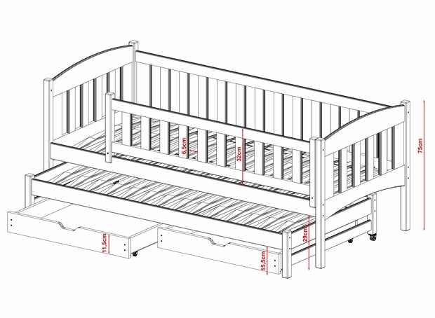 Amateo bedbank met logeerlade en opberglade massief grenen 90x200 wit