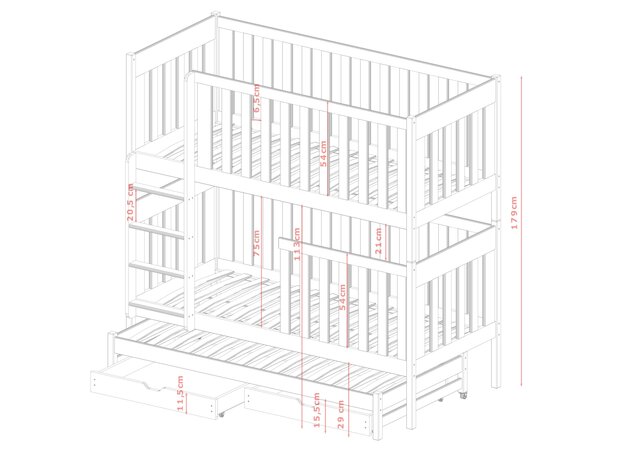 Emilio 3 persoons stapelbed met logeerlade massief grenen 90x200 olive