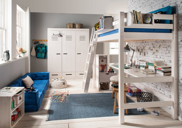 Mooie vrouw Slaapzaal uitzondering Ifanskids Thijs hoogslaper + bureau blad 90x200 schuine trap beits wit -  Kinderbeddenstore