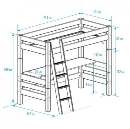 Nova hoogslaper 90x200 + bureau +schuine trap deelbaar grenen wit